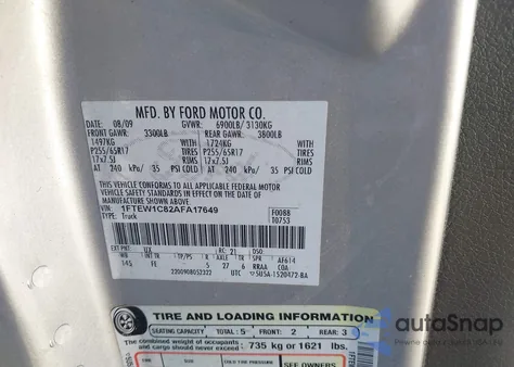 2010 Ford F-150 Xlt из США, поврежденный, VIN 1FTEW1C82AFA17649